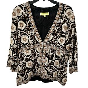 SIGRID OLSEN Embroidered Floral JACKET XS Boho Brown Artsy Statement Lagenlook